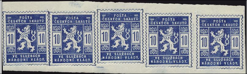 Czech strip of five 10h stamps